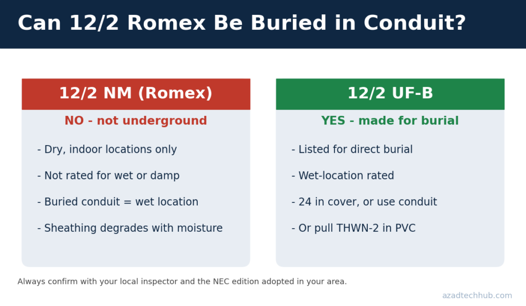NEC Code for Buried Electrical Wires: Depth Chart & Rules (2026) 5 Can 12/2 Romex be buried in conduit? Romex vs UF-B comparison