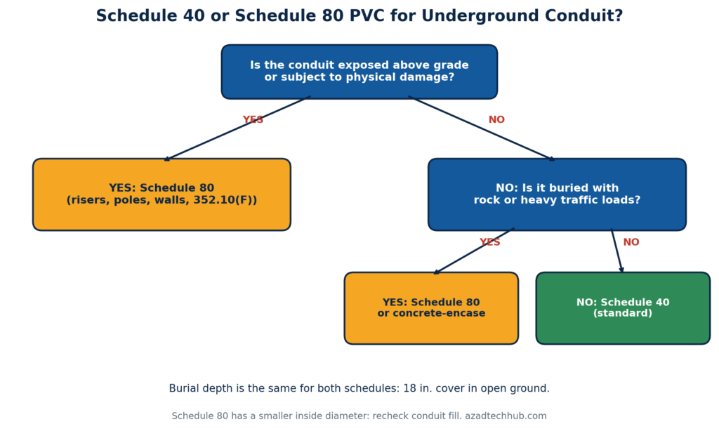 Decision chart for Schedule 40 vs Schedule 80 PVC underground conduit under the NEC