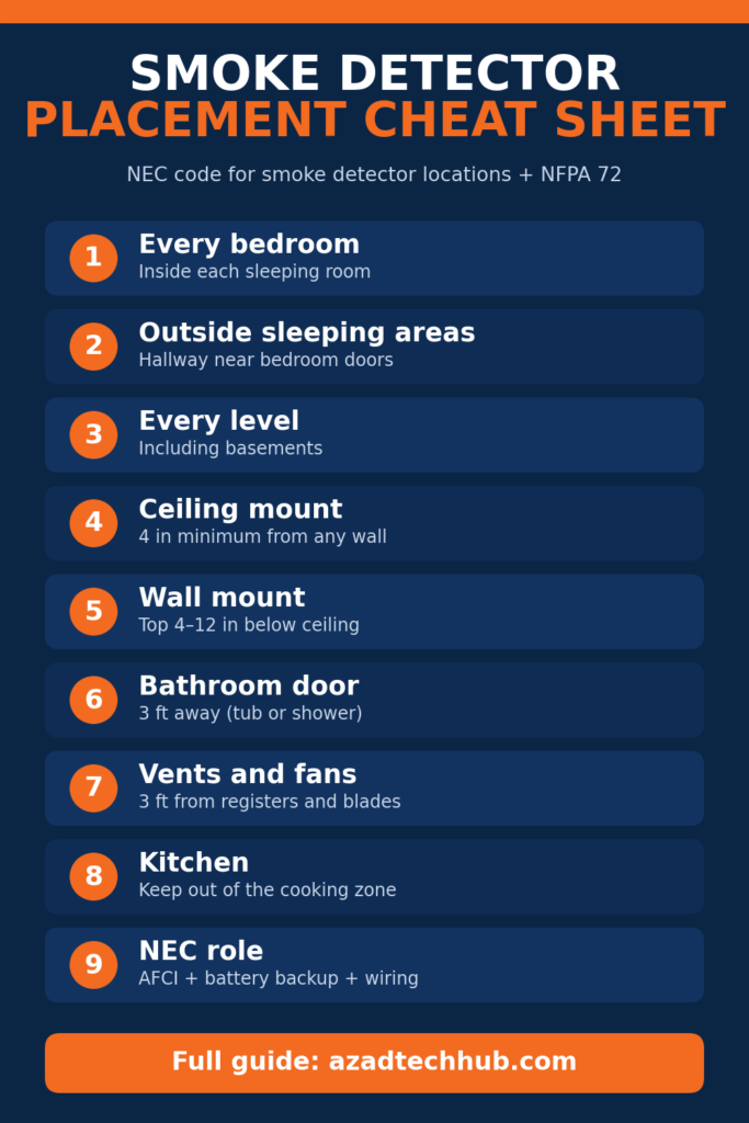 NEC Code for Smoke Detector Locations: What the 2023 NEC and NFPA 72 Require 16 Smoke detector placement cheat sheet: NEC code for smoke detector locations and NFPA 72 distances