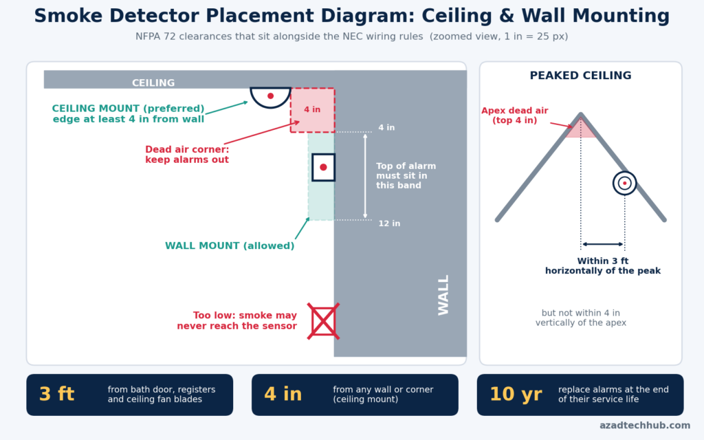NEC Code for Smoke Detector Locations: What the 2023 NEC and NFPA 72 Require 6 Smoke detector placement diagram showing ceiling and wall mounting distances under NFPA 72