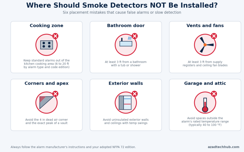 NEC Code for Smoke Detector Locations: What the 2023 NEC and NFPA 72 Require 11 Where smoke detectors should not be installed: kitchens, bathrooms, vents, fans and corners
